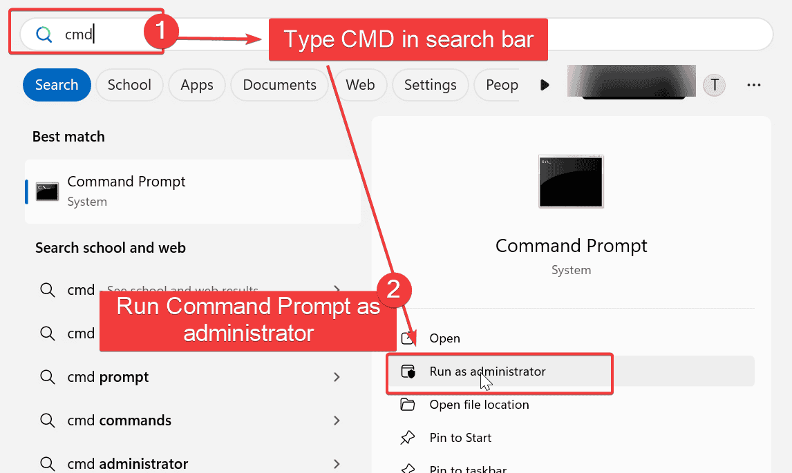 Поиск 'command prompt' — запуск от администратора