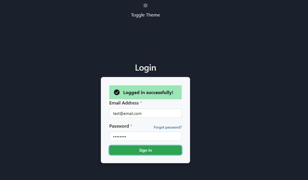 Форма входа со статусом успеха, показывающая успешный вход
