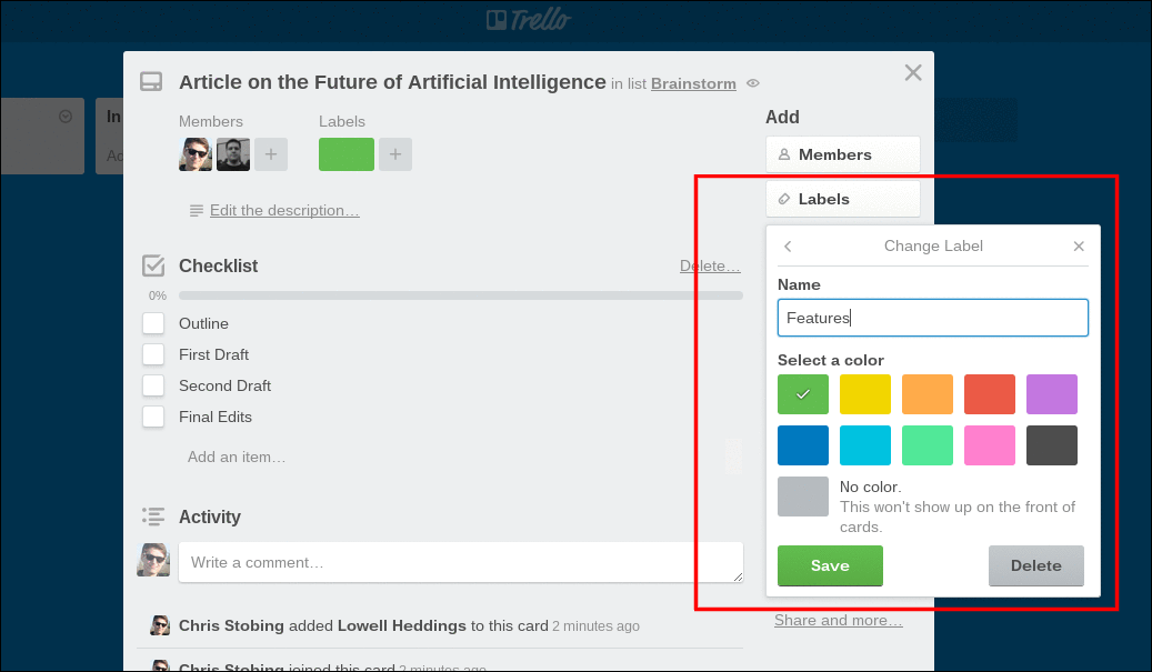 Выбор и назначение цветовой метки карточке