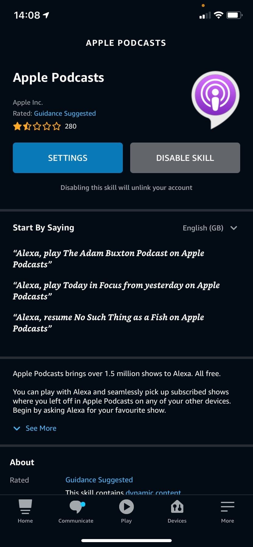 Страница навыка Apple Podcasts с включённым навыком