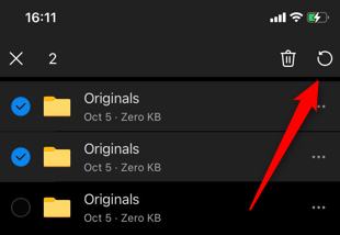 Иконка восстановления в мобильном приложении OneDrive