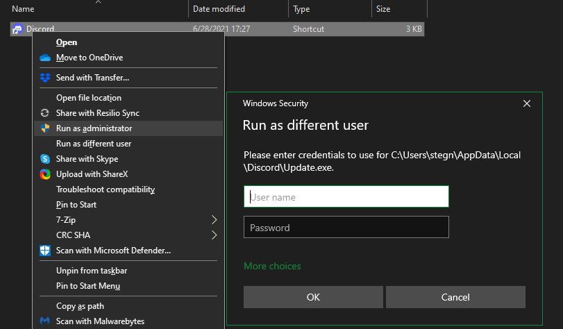 Запуск приложения от другого пользователя — диалог ввода данных