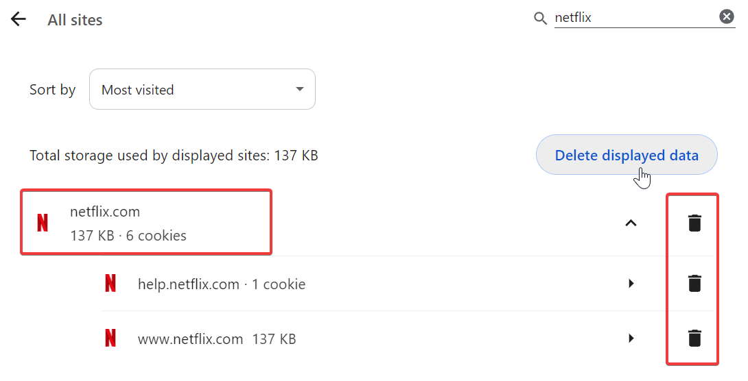Удаление куки и данных для netflix.com