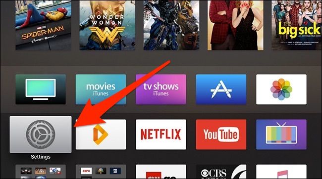 Открытое приложение Настройки на Apple TV; список разделов меню