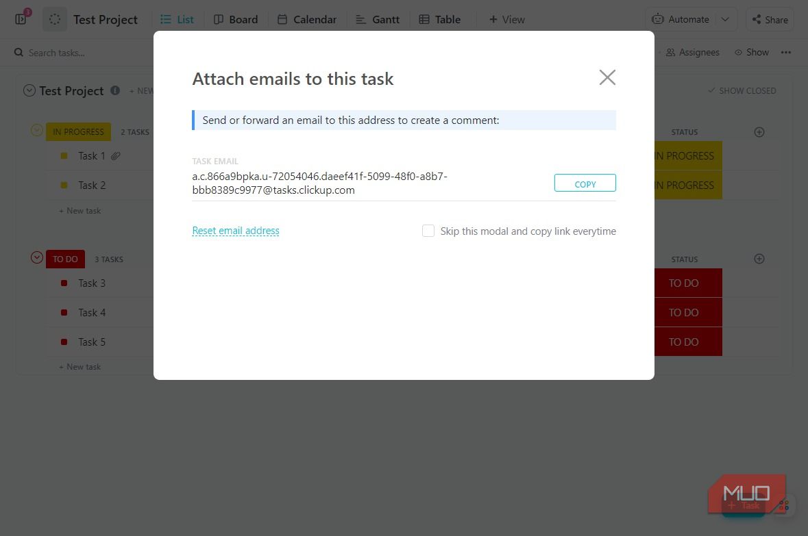 Окно с копированием e-mail адреса задачи