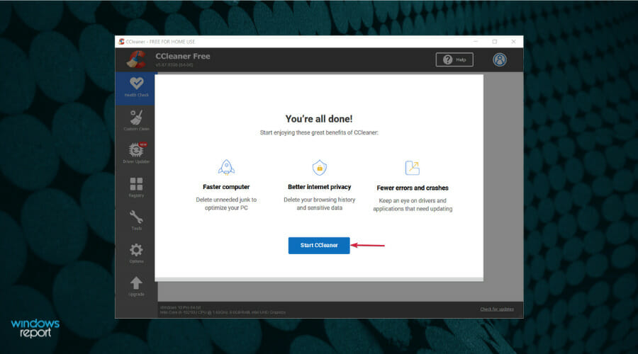 Кнопка запуска CCleaner после установки