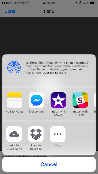 Скриншот: панель общего доступа iOS для выбора приложения