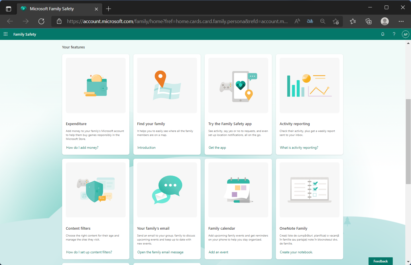 Страница настроек Family Safety с основными категориями управления