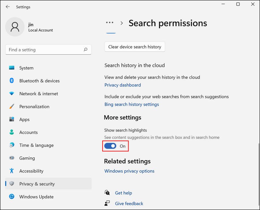 Тумблер Показывать подсказки поиска выключен