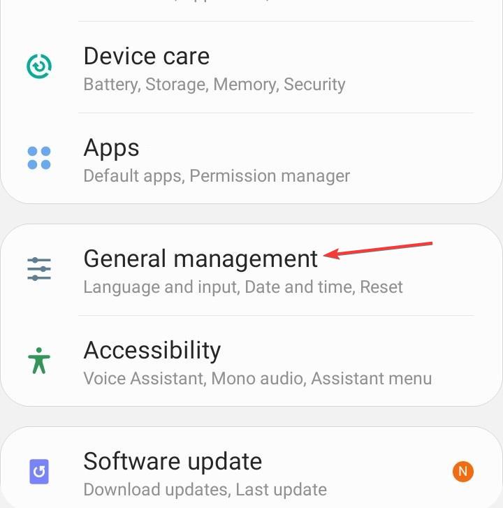 меню общего управления Android