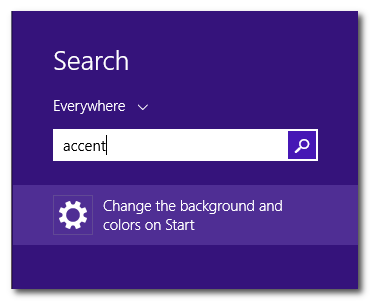 Поле поиска Windows 8.1 для поиска настроек акцента