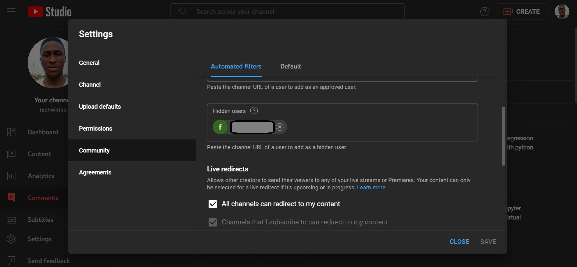 Список скрытых пользователей в настройках YouTube Studio
