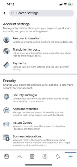 Экран Facebook — Безопасность и вход