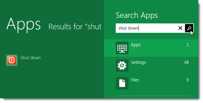 Поиск ярлыка Выключение в списке приложений