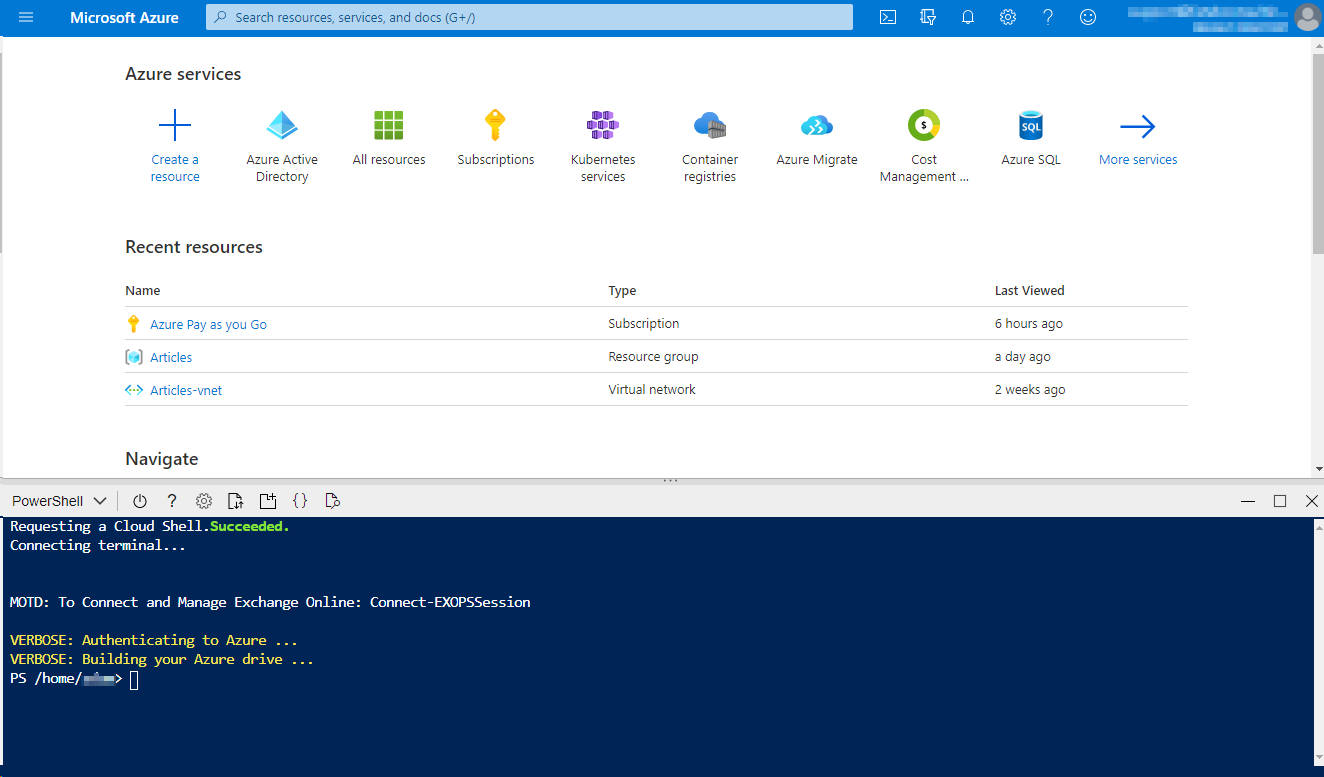 Подключён Azure Cloud Shell в портале.