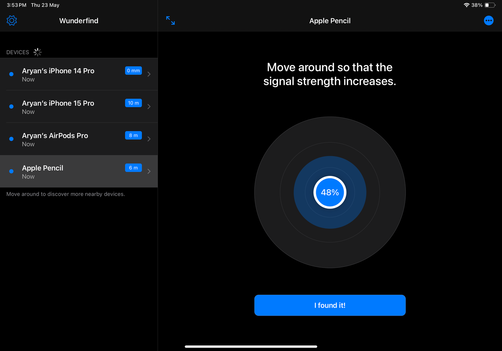 Главный экран приложения WunderFind с индикатором близости