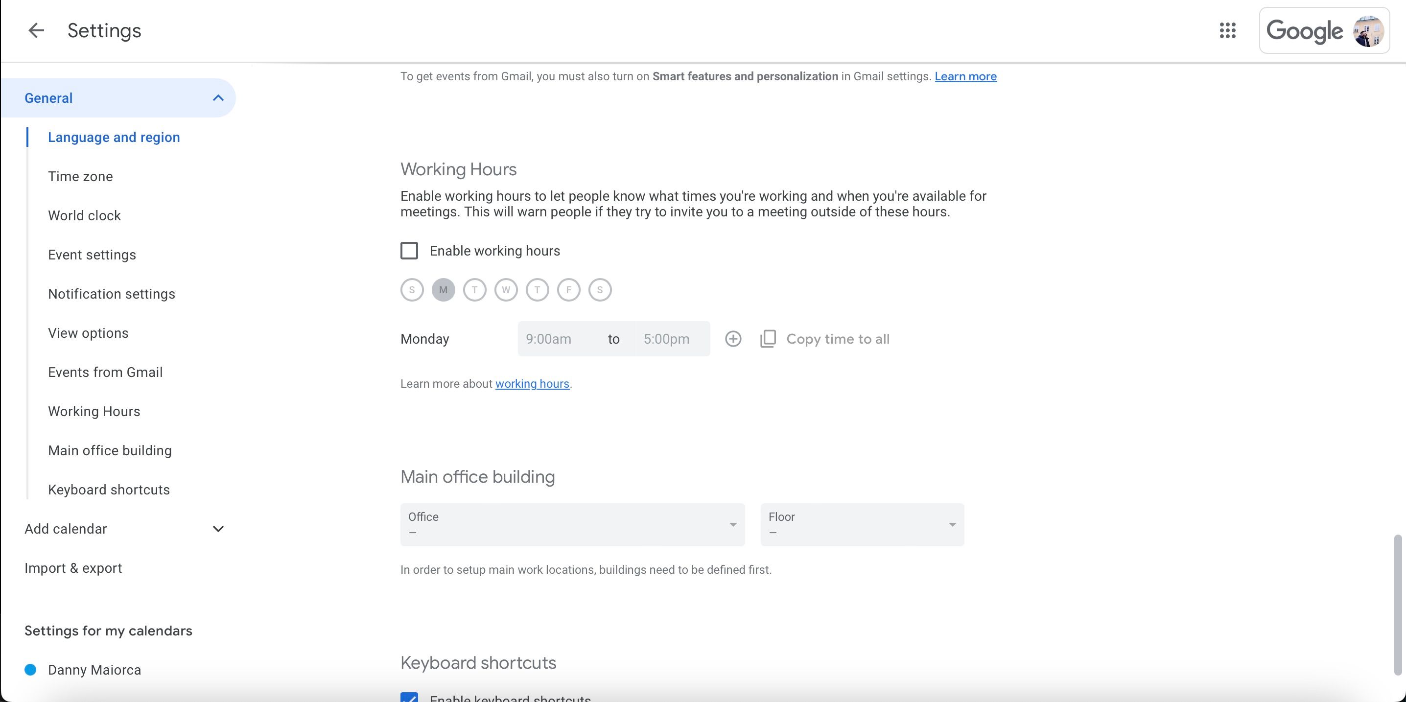 скриншот рабочие часы в Google Календаре