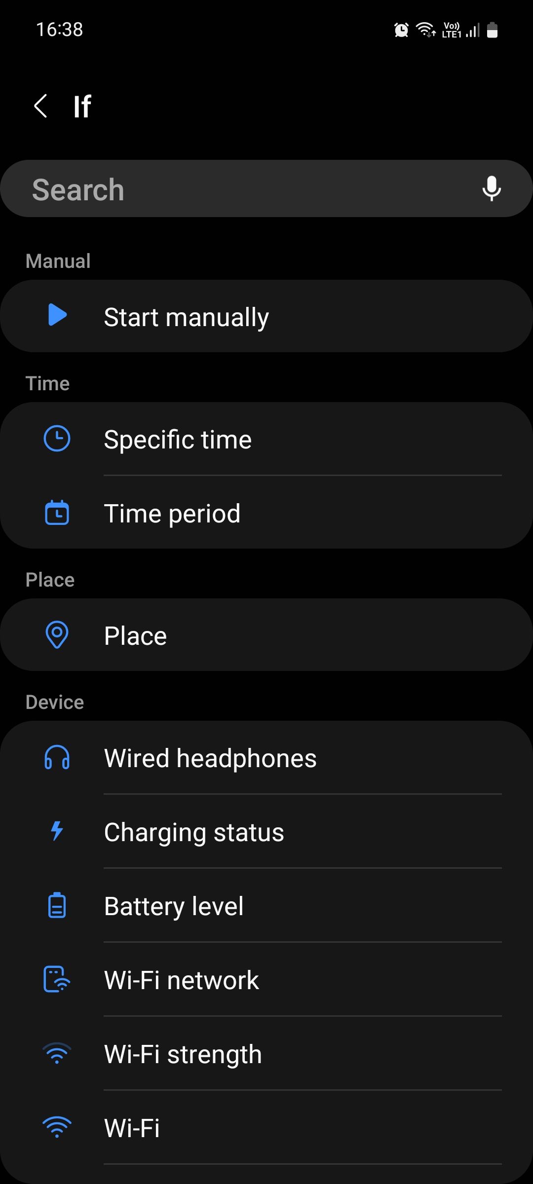 Панель Если с триггерами в Bixby Routines