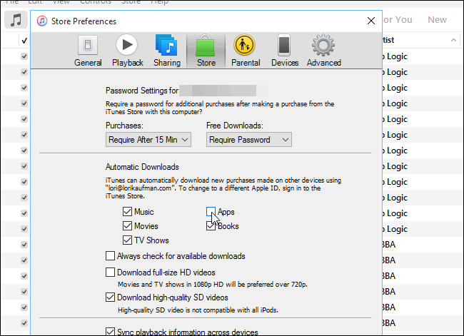 Снятие галочки с Apps в Automatic Downloads iTunes