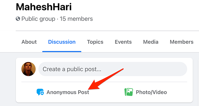 Выберите «Анонимный пост» в интерфейсе группы на сайте Facebook.
