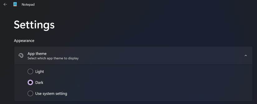 Три варианта темы в настройках Блокнота на Windows 11