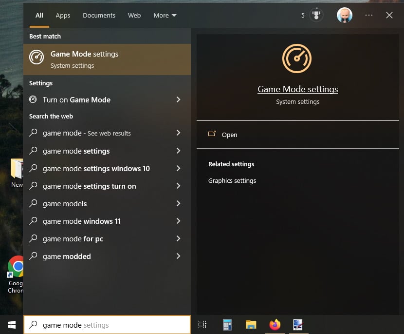 Окно включения режима игры в Windows