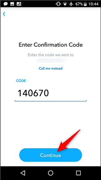 Поле ввода кода подтверждения для Snapchat
