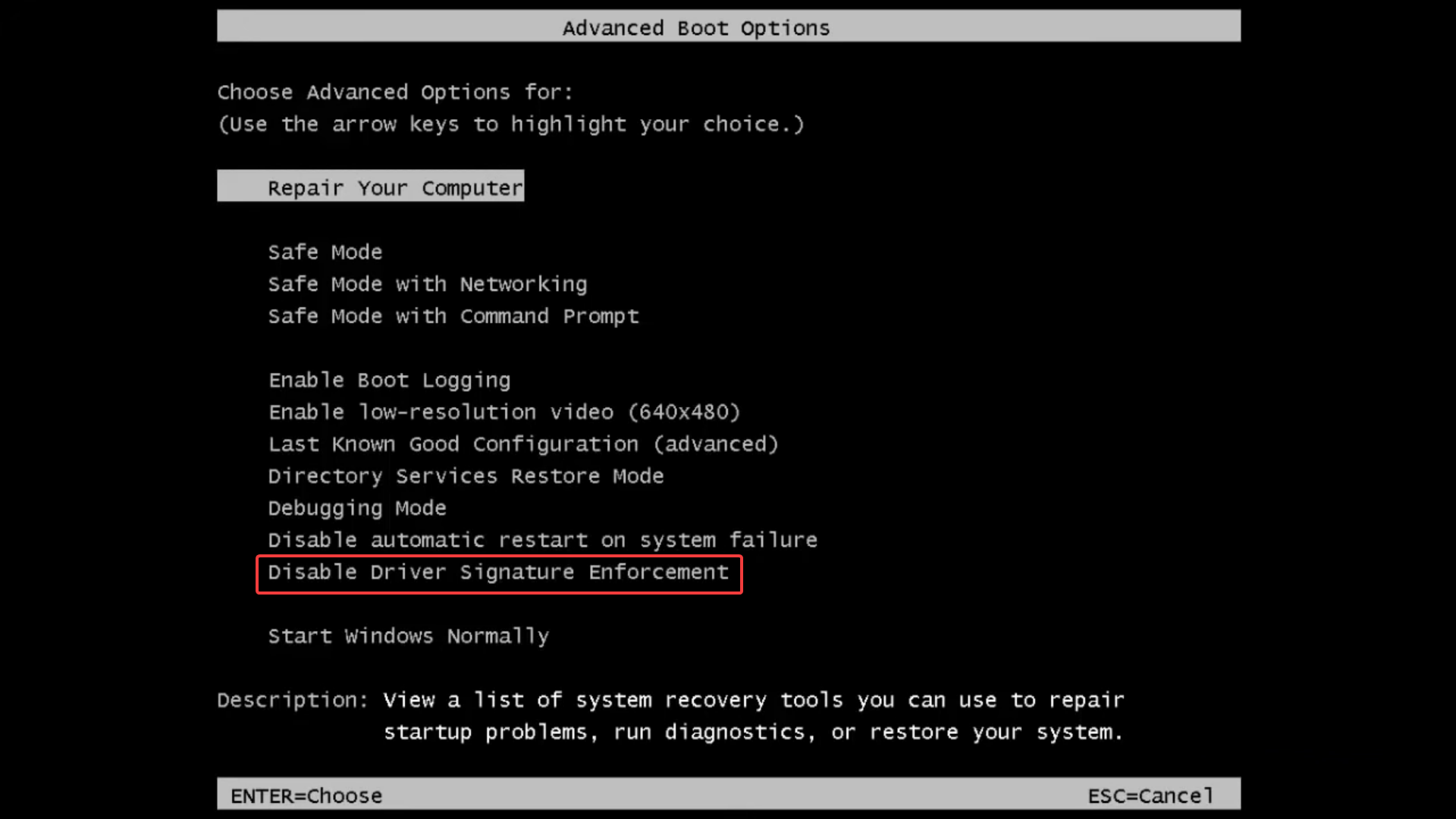 disable driver signature enforcement