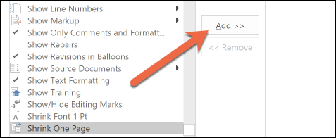 Добавление команды Shrink One Page в панель быстрого доступа