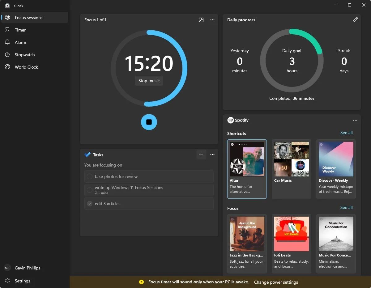 Таймер в Focus Sessions Windows 11