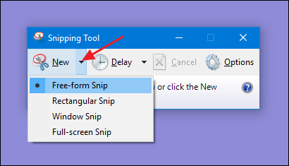 Меню выбора типа снимка Snipping Tool с четырьмя режимами