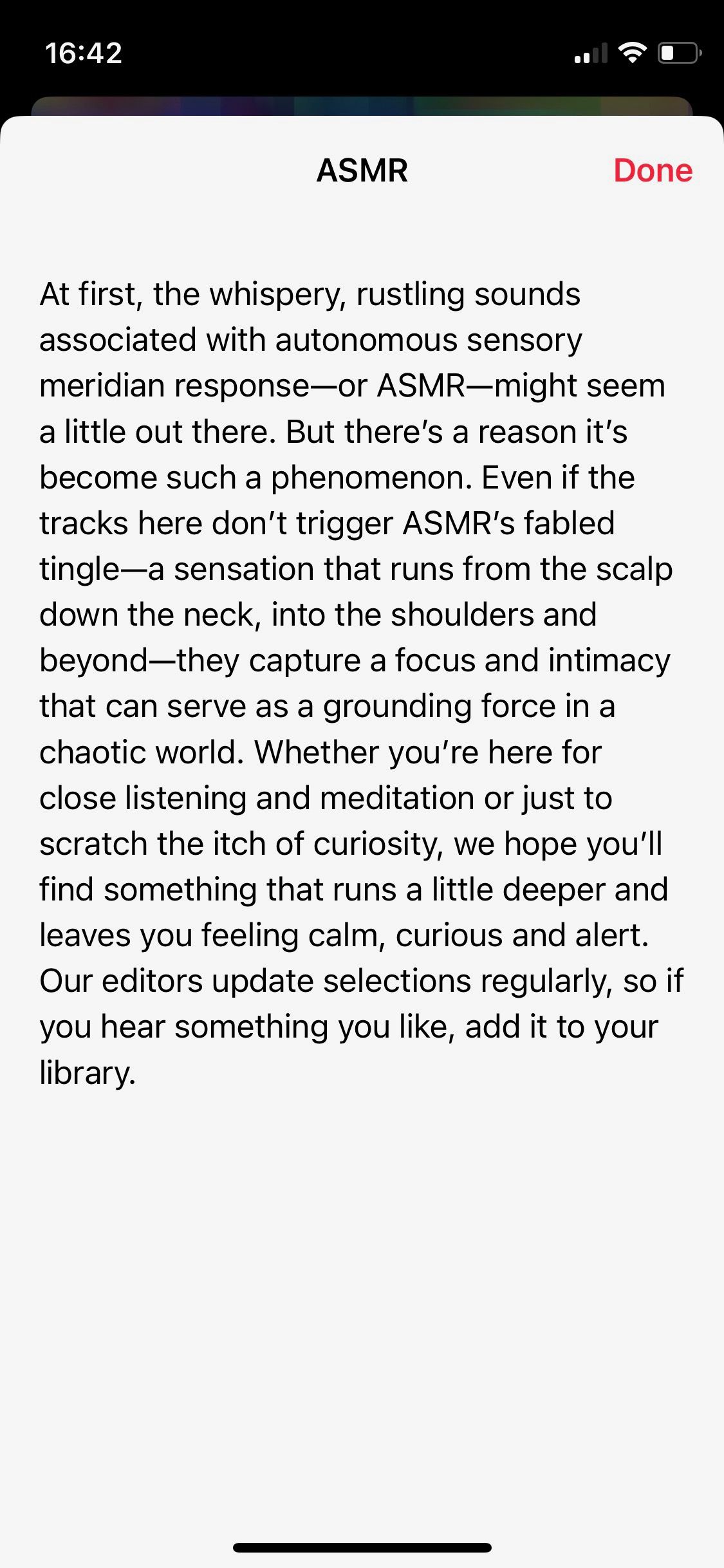 Скриншот страницы с вводной информацией об ASMR в Apple Music Wellbeing