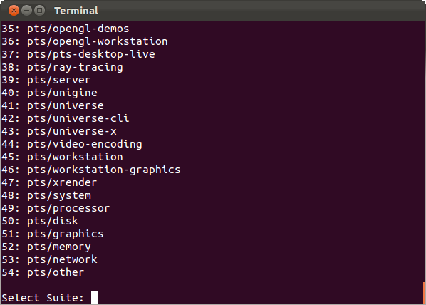 Пример выбора тестового набора в Phoronix Test Suite