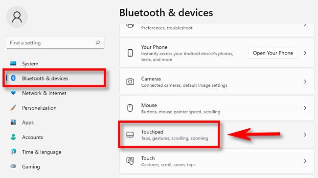 Параметры Windows: раздел «Bluetooth и устройства», пункт «Тачпад»