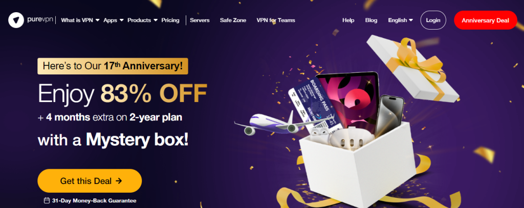 Сайт PureVPN с указанием функций безопасности