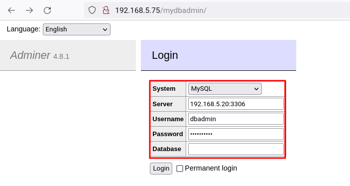 Подключение к MariaDB через Adminer