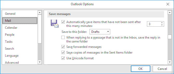 Outlook настройки автосохранения писем