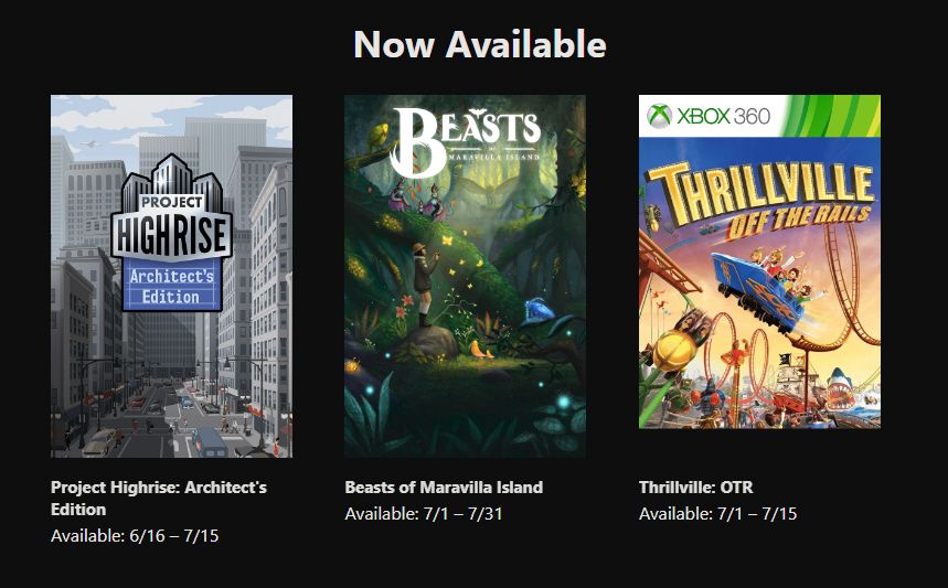 Раздел 'Теперь доступно' на странице Xbox Games with Gold