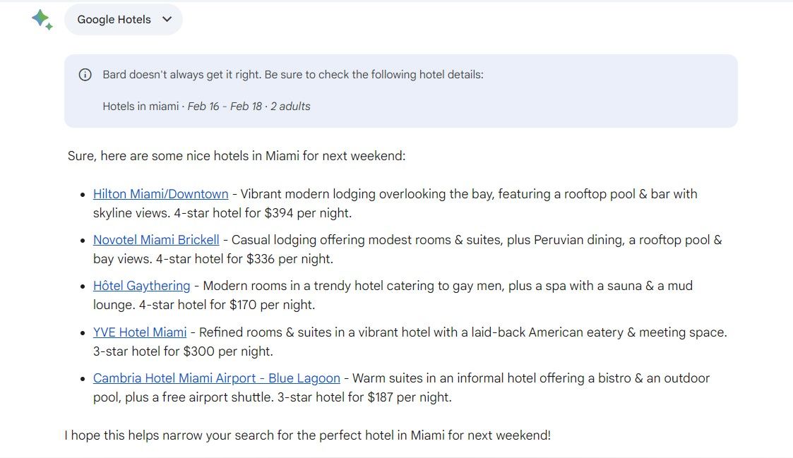 Список вариантов отелей в Майами, найденных Gemini