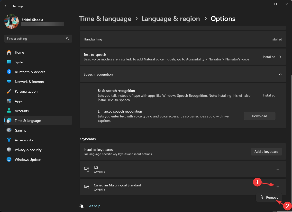 Список клавиатурных раскладок — удалить лишнюю раскладку