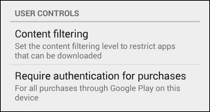 Play Store Kauf- und Inhaltsoptionen