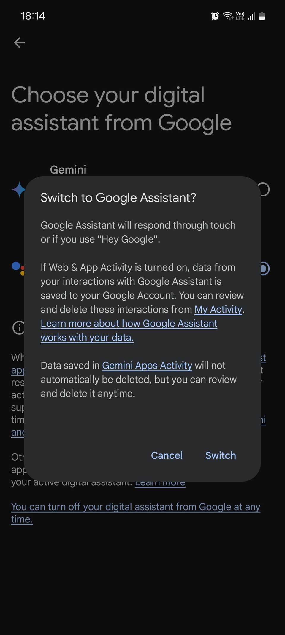 Переключение с Gemini на Google Assistant
