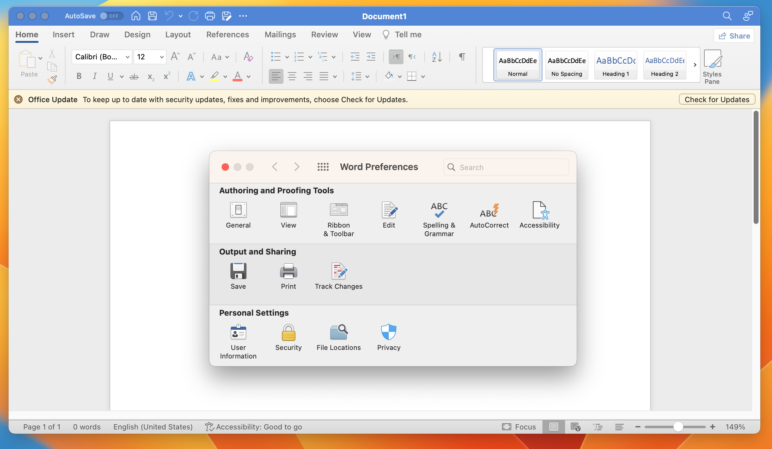 Окно настроек Microsoft Word для macOS с параметрами общих настроек
