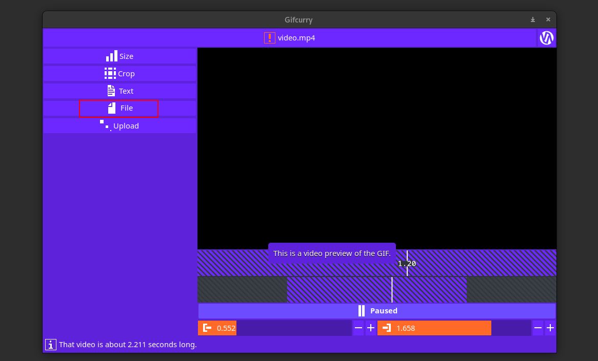 Интерфейс Gifcurry: выбор фрагмента, настройки и предпросмотр