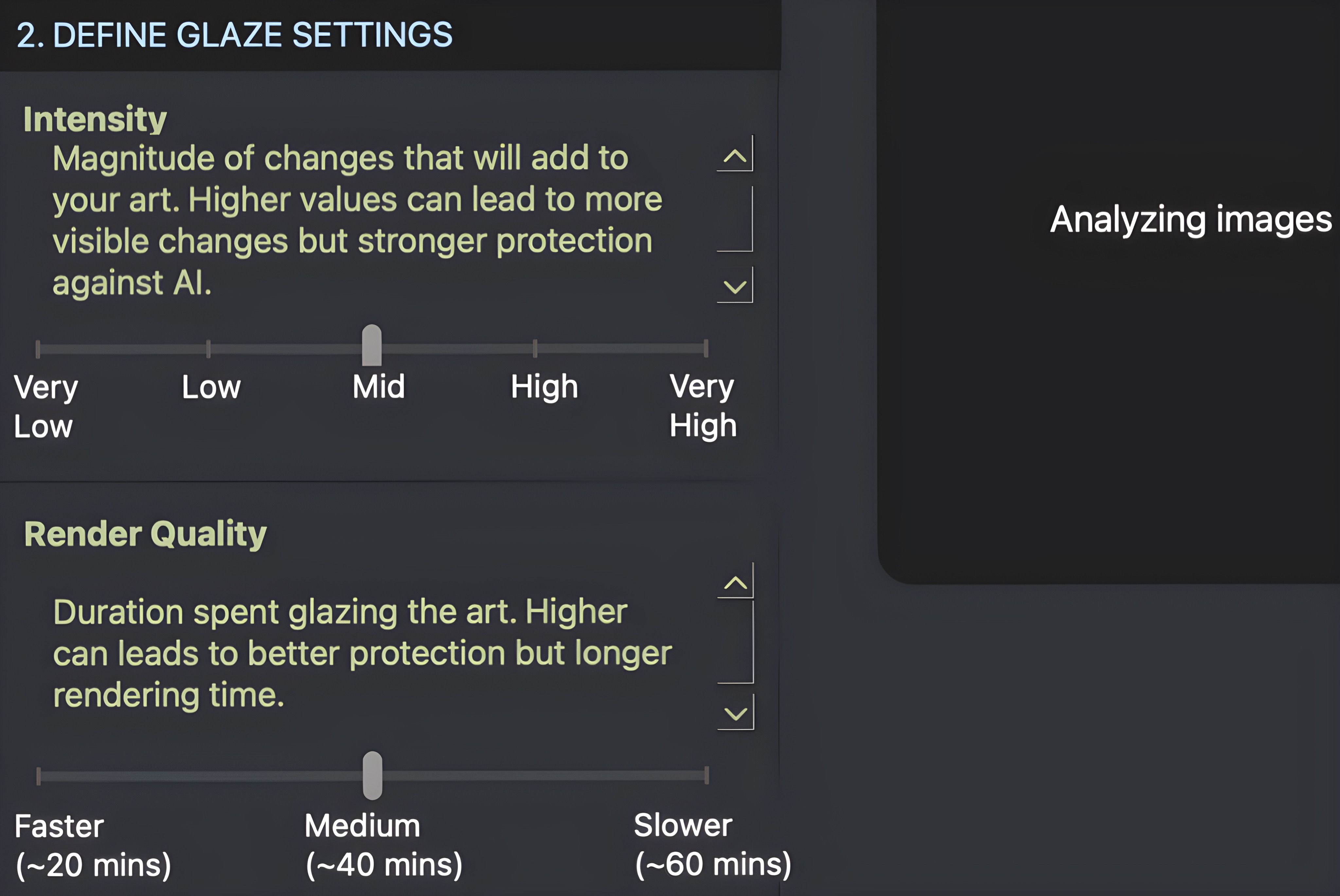 Настройки интенсивности и качества рендеринга в Glaze