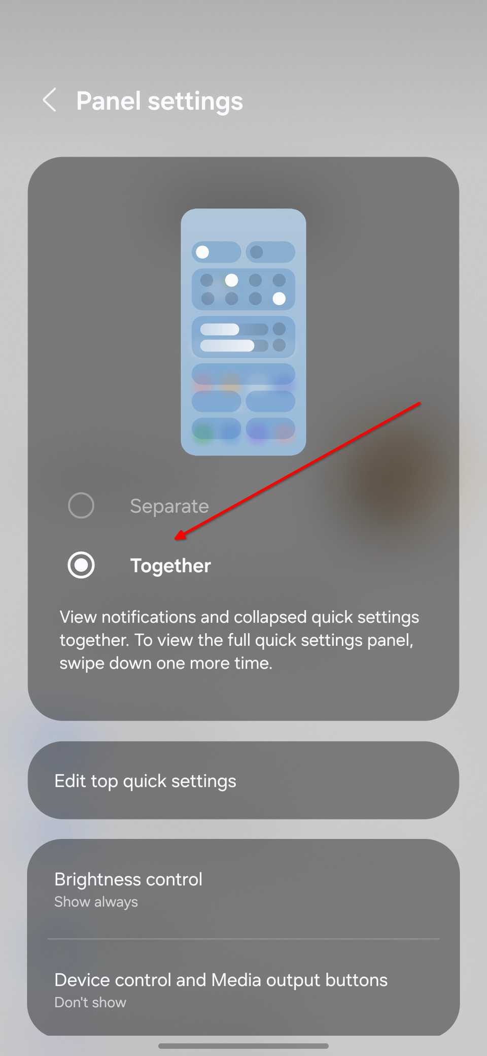 The Notification Panel Settings on One UI 8 with Together option selected.