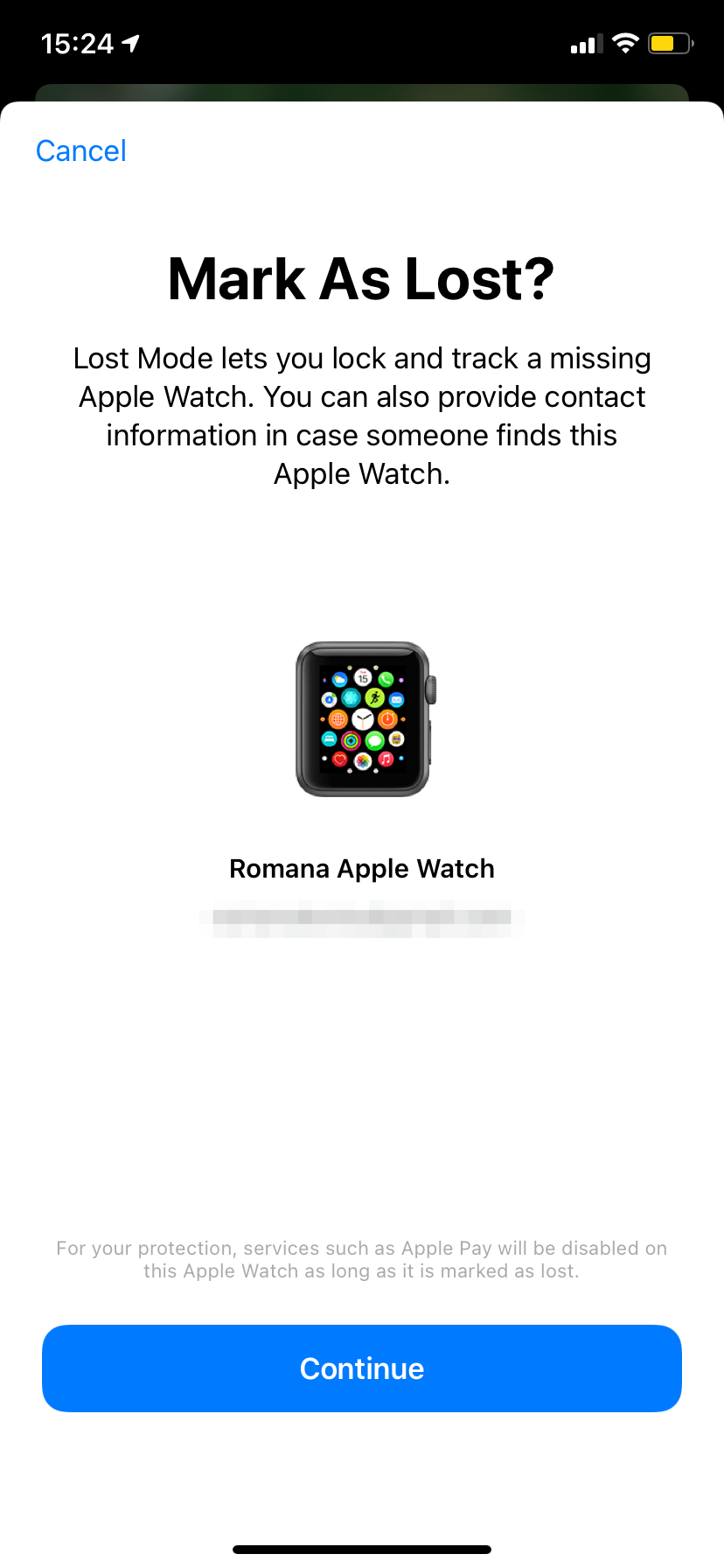 Страница «Отметить как потерянное» для Apple Watch