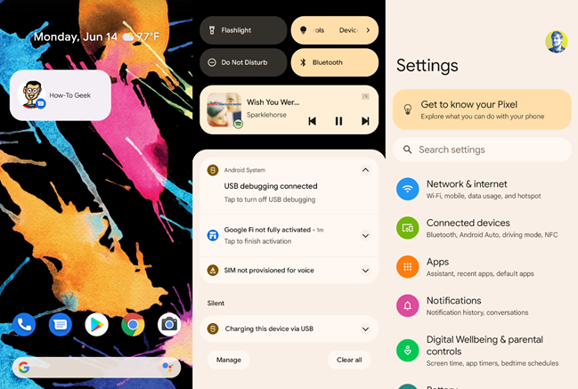 Пример темы Material You с зелёными акцентами на фоне обоев.