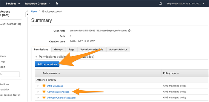 Пользователь может изменить свои разрешения и добавить AdministratorAccess