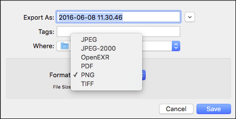Окно Preview с опцией экспорта изображения